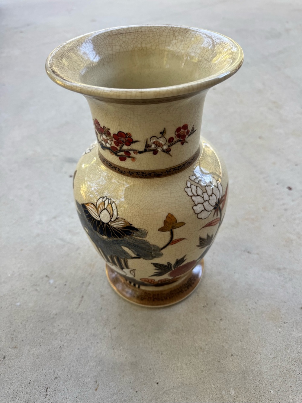 Hand-Painted Floral Ceramic Vase in Cream and Gold
